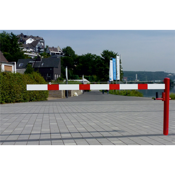Swing barrier | with pull rope reinforcement | to be fixed by plugs, hot-dip galvanized and red coated with white reflecting rings | Barrier arm length: 3000 mm | with Euro profile cylinder lock